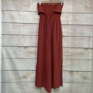 Miou Muse Brown Rust Smocked Strapless Jumpsuit Medium